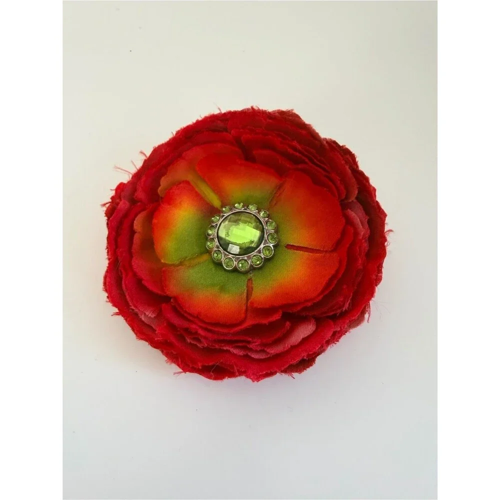 Red Flower Hair Clip Green Rhinestone Center Large Floral Statement Accessory